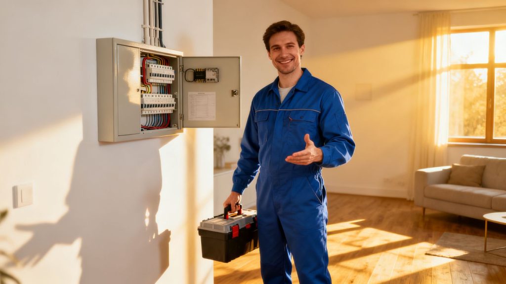 Electrician helping homeowner with electrical panel.