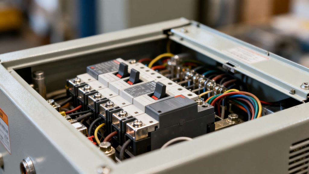 Electrical panel interior with circuit breakers and wiring.