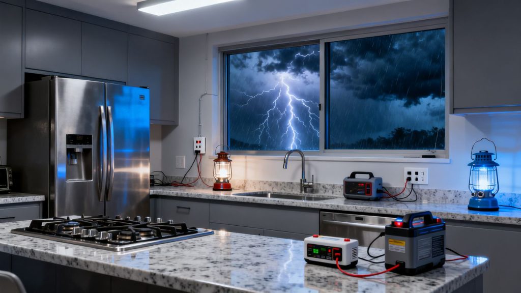 Kitchen during a storm, ready for cooking.